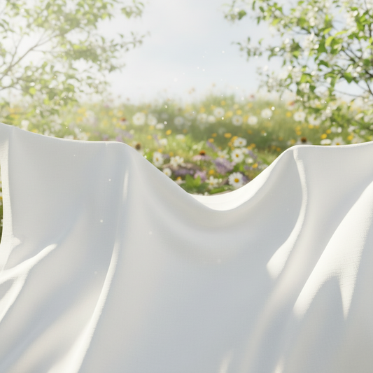 Fresh white linen billowing in a spring breeze with soft blossoms evoking the Spring Awakening fragrance