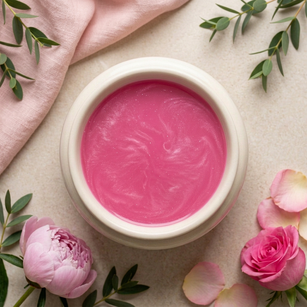 Jammin’ Rose vibrant pink melted wax with mica in a round ivory burner