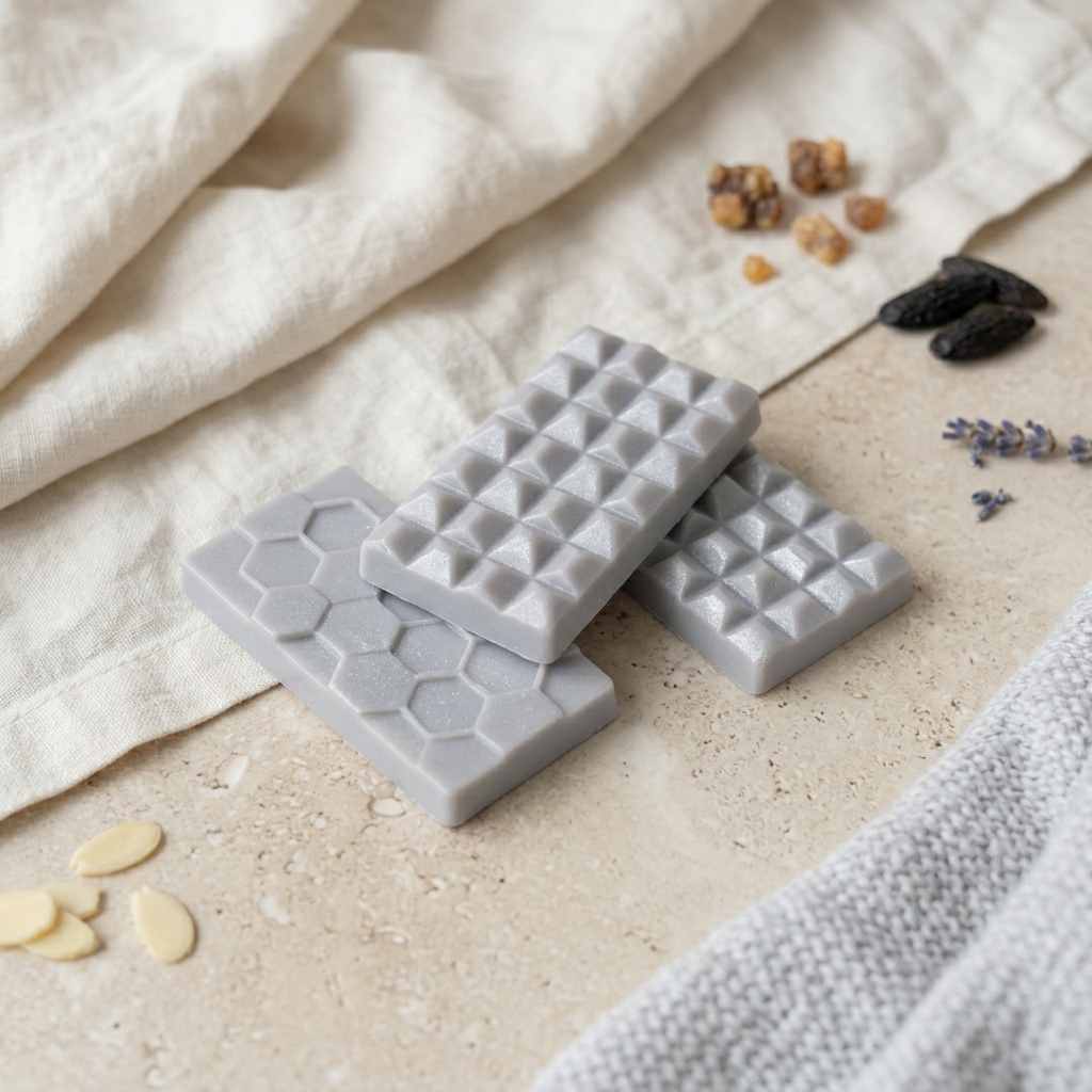 Winter Sanctuary silver grey wax bars with myrrh, tonka, lavender and almond styling
