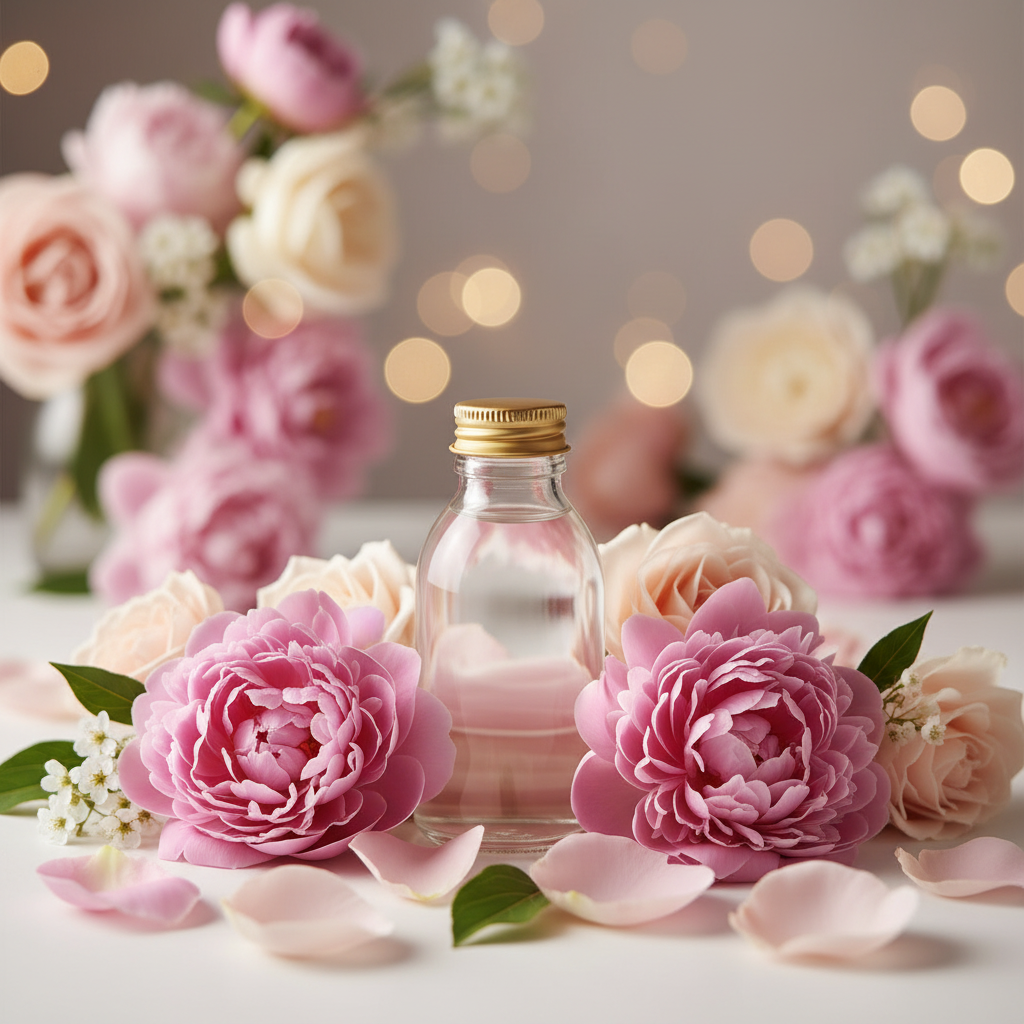 Pink Peony & Blush Suede reed diffuser refill styled amongst blooming peonies and blush rose petals