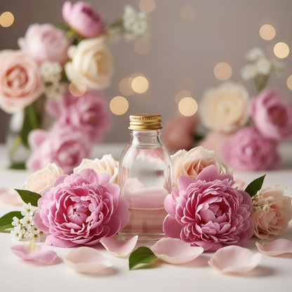 Pink Peony & Blush Suede reed diffuser refill styled amongst blooming peonies and blush rose petals