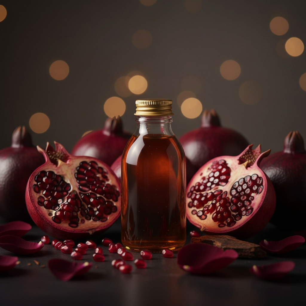 Black Pomegranate reed diffuser refill bottle styled amongst split pomegranates, ruby red seeds and deep crimson petals in rich moody tones