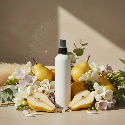 Sweet Pear & Freesia room and linen mist styled amongst ripe pears, freesia blooms and soft green leaves