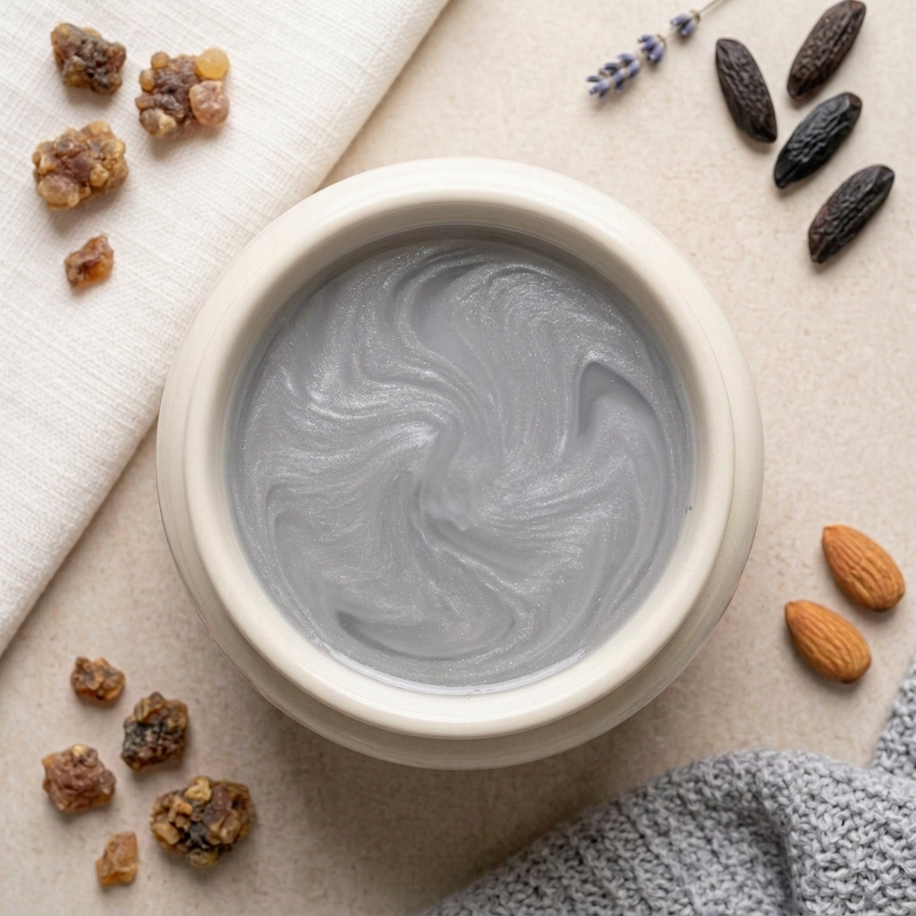 Winter Sanctuary silver grey melted wax with mica swirls in a round ivory burner
