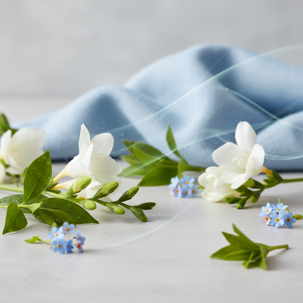 Fresh Blue wax melt scent - dewy green leaves, white and blue flowers with soft marine tones