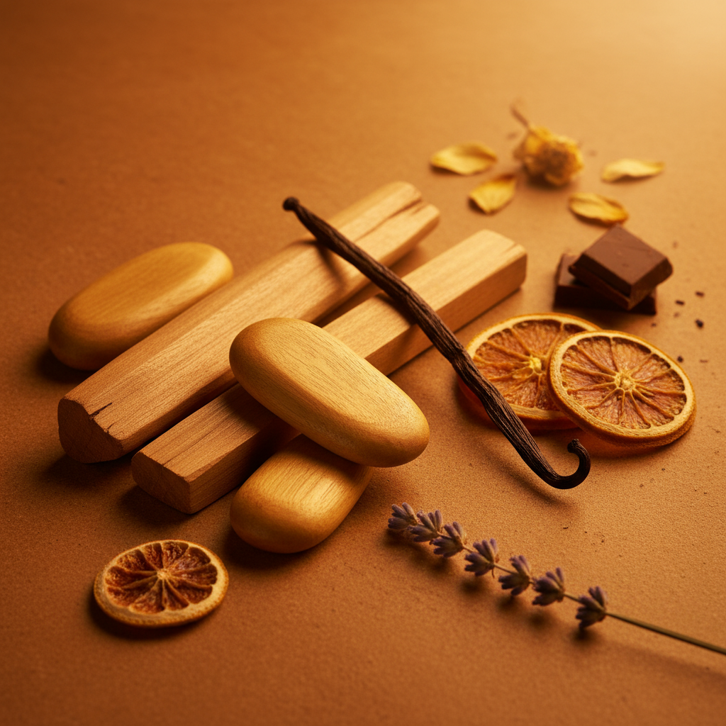 Golden sandalwood, vanilla pod, dried orange and lavender in warm amber light evoking the Golden Santal fragrance