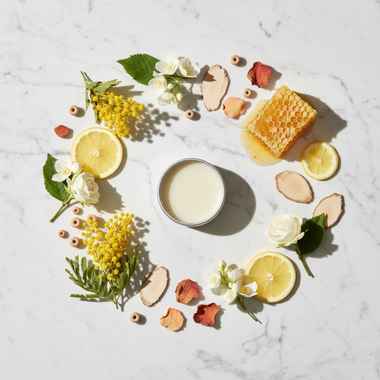 Miss Million Solid Perfume scent notes flat lay - citrus, mimosa, white florals and honeycomb on marble
