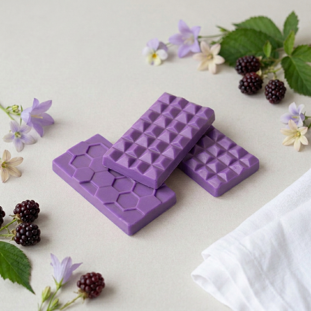 Dewberry purple wax bars with berry and floral styling
