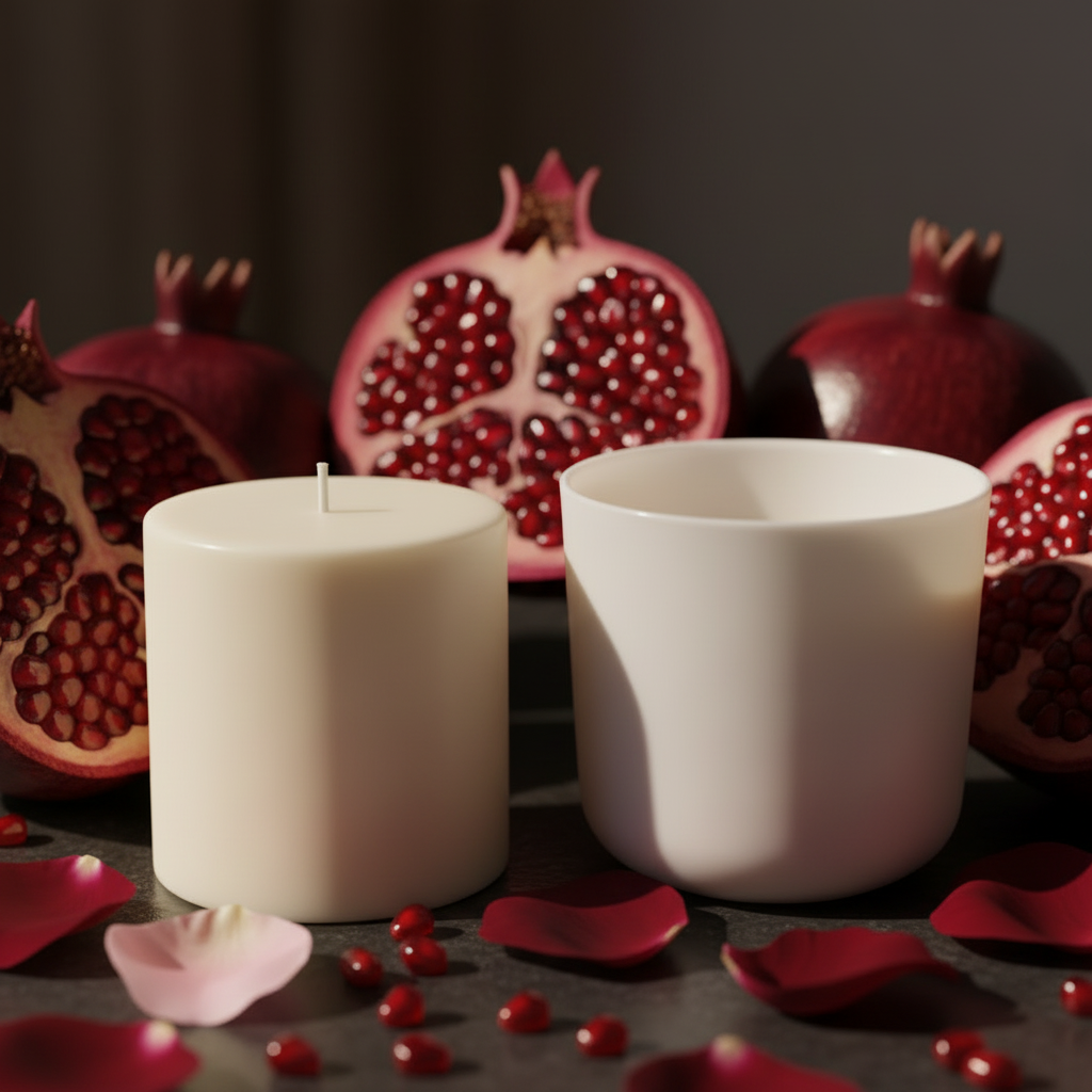 Black Pomegranate candle refill wax cylinder beside empty candle jar, styled with split pomegranates and deep crimson petals