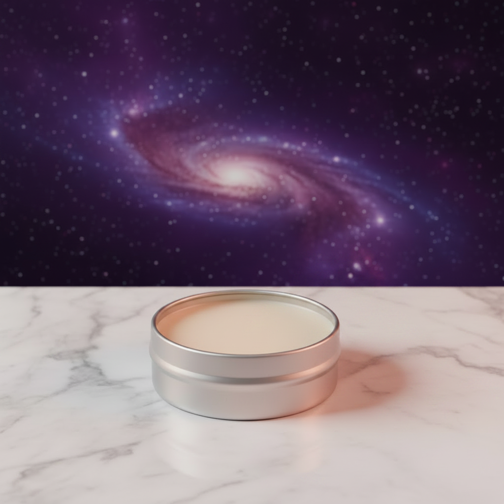 Martian Solid Perfume open tin on marble surface with cosmic purple background