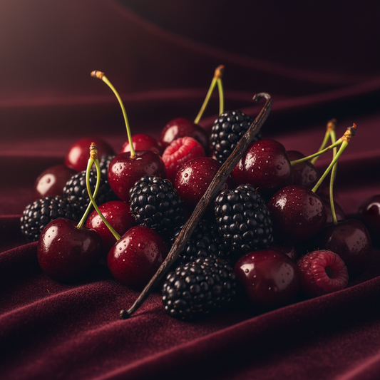 Deep glistening black cherries and dark berries on rich burgundy velvet evoking the Cherry Noir fragrance