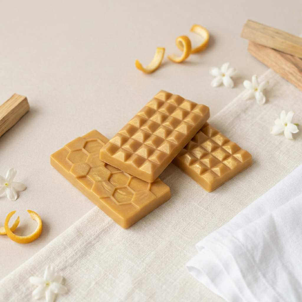 Miss Million gold wax bars with citrus, white floral and wood styling