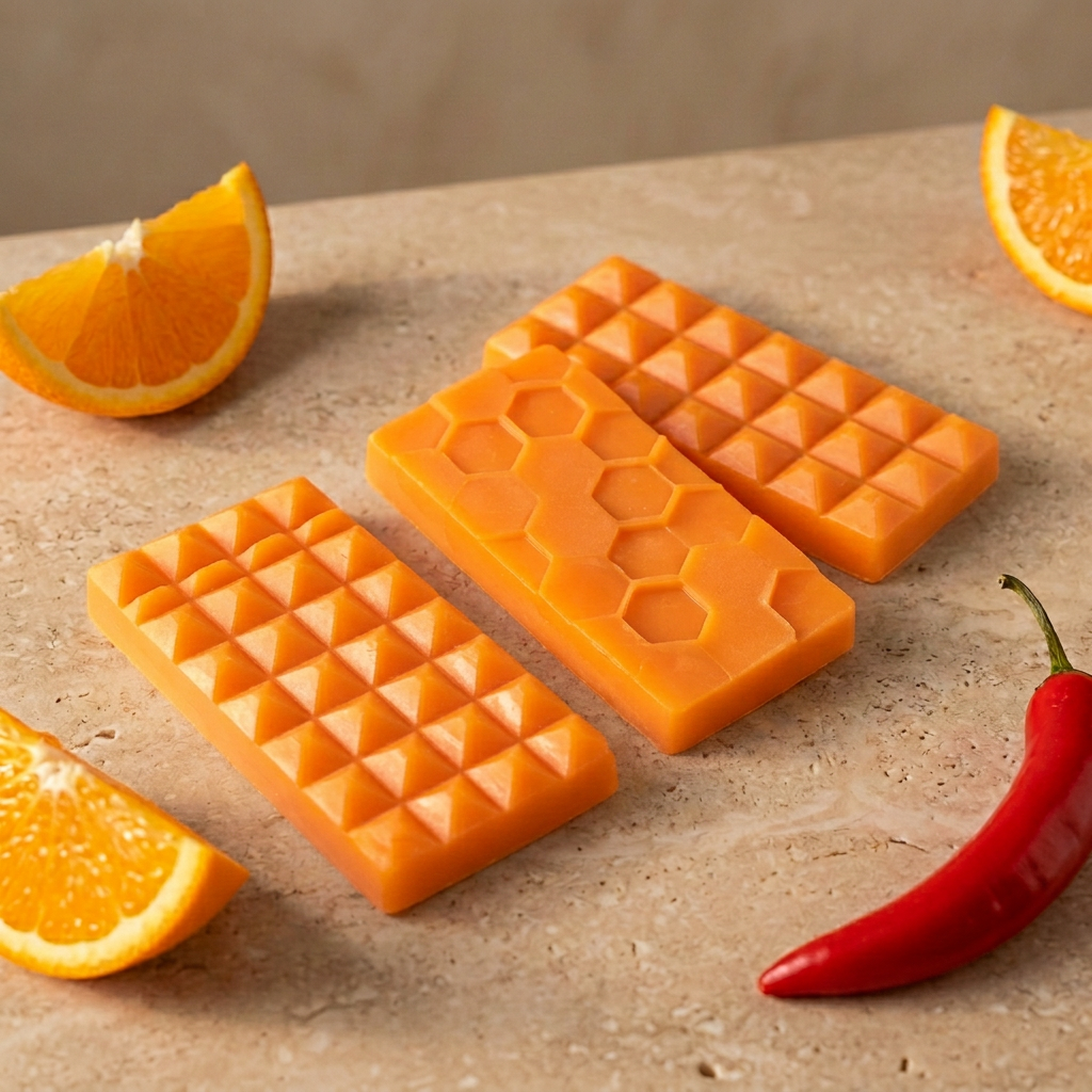 Sweet Orange & Chilli Pepper light bright-orange wax bars with orange and chilli accents