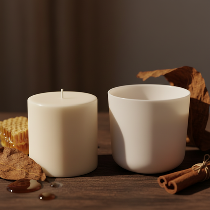 Dark Honey & Tobacco candle refill wax cylinder beside empty candle jar, styled with honey, tobacco leaf and cinnamon props in warm amber tones