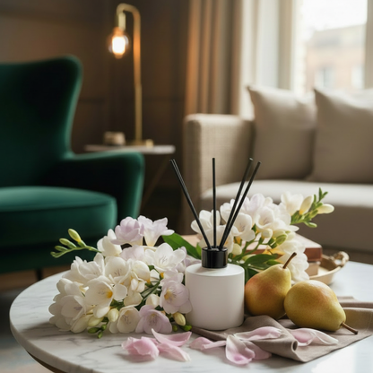 Sweet Pear & Freesia reed diffuser styled amongst ripe pears, freesia blooms and soft green leaves