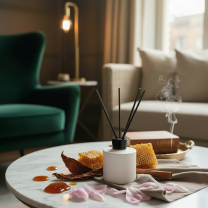 Dark Honey & Tobacco reed diffuser styled with subtle honey, tobacco leaf and cinnamon props in warm amber and mahogany tones