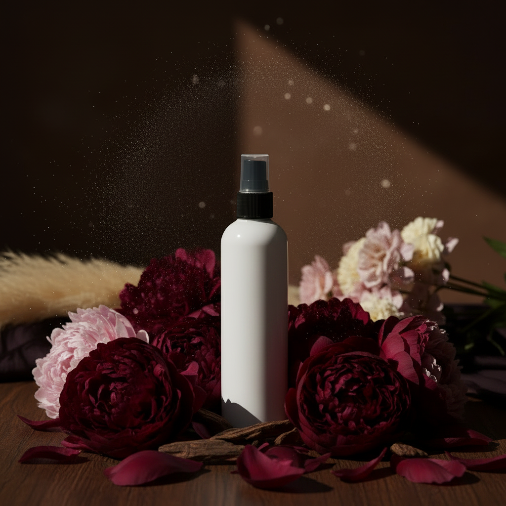 Velvet Peony & Oud room and linen mist styled amongst dark peonies, velvety petals and oud wood in rich moody tones