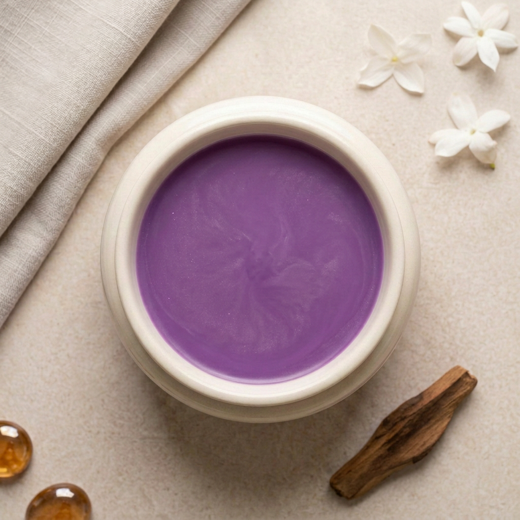Martian purple melted wax in a round ivory burner with floral, amber-toned and woody styling