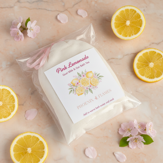 Pink Lemonade Goat Milk & Oat Bath Tea pouch styled on peach marble with lemon slices and pink blossom petals