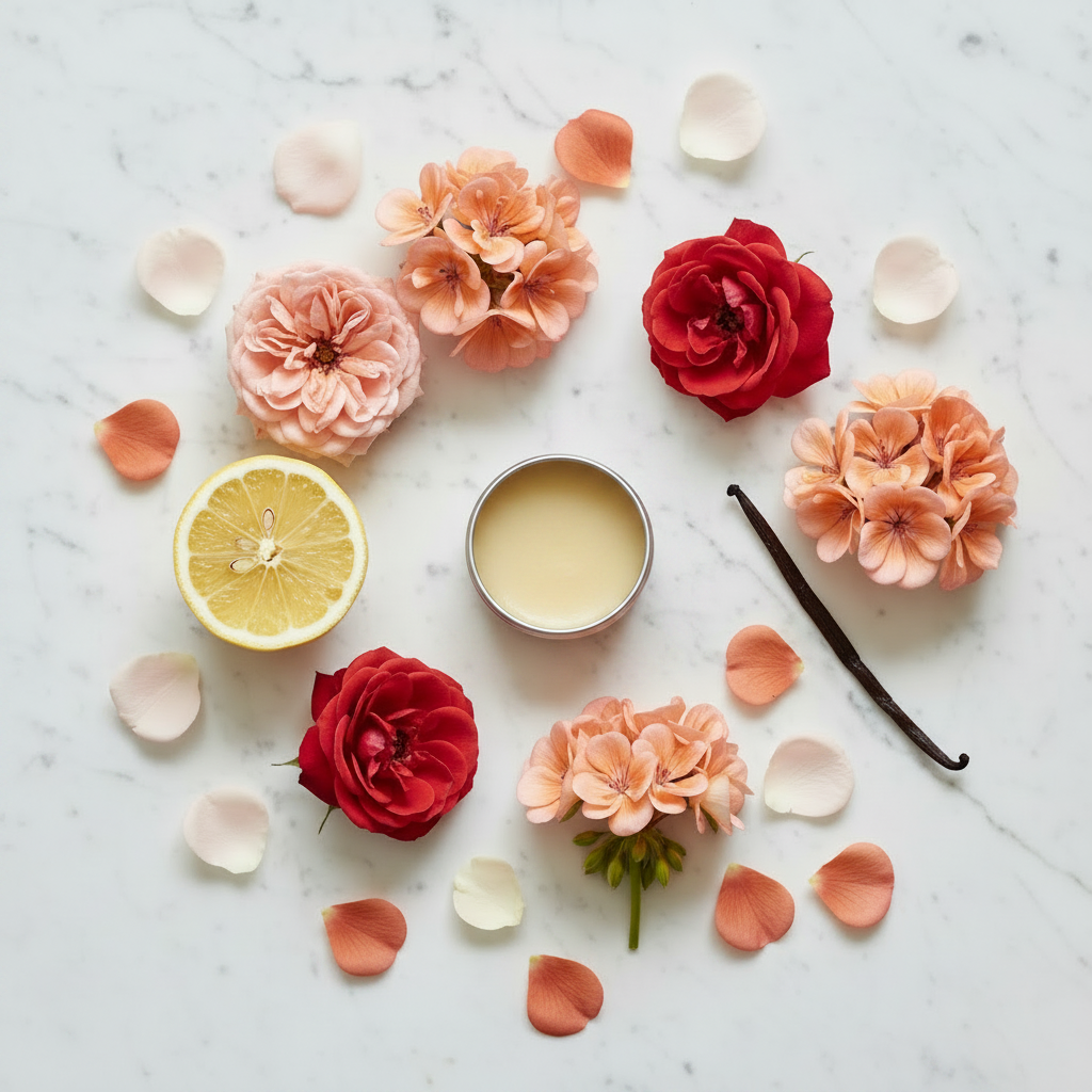 Jammin' Rose Solid Perfume scent notes flat lay - Bulgarian roses, geranium, lemon and vanilla pod on marble