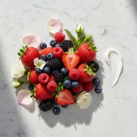 Berry Comforting Face Cream scent notes - mixed berries and florals on marble with a delicate cream trace