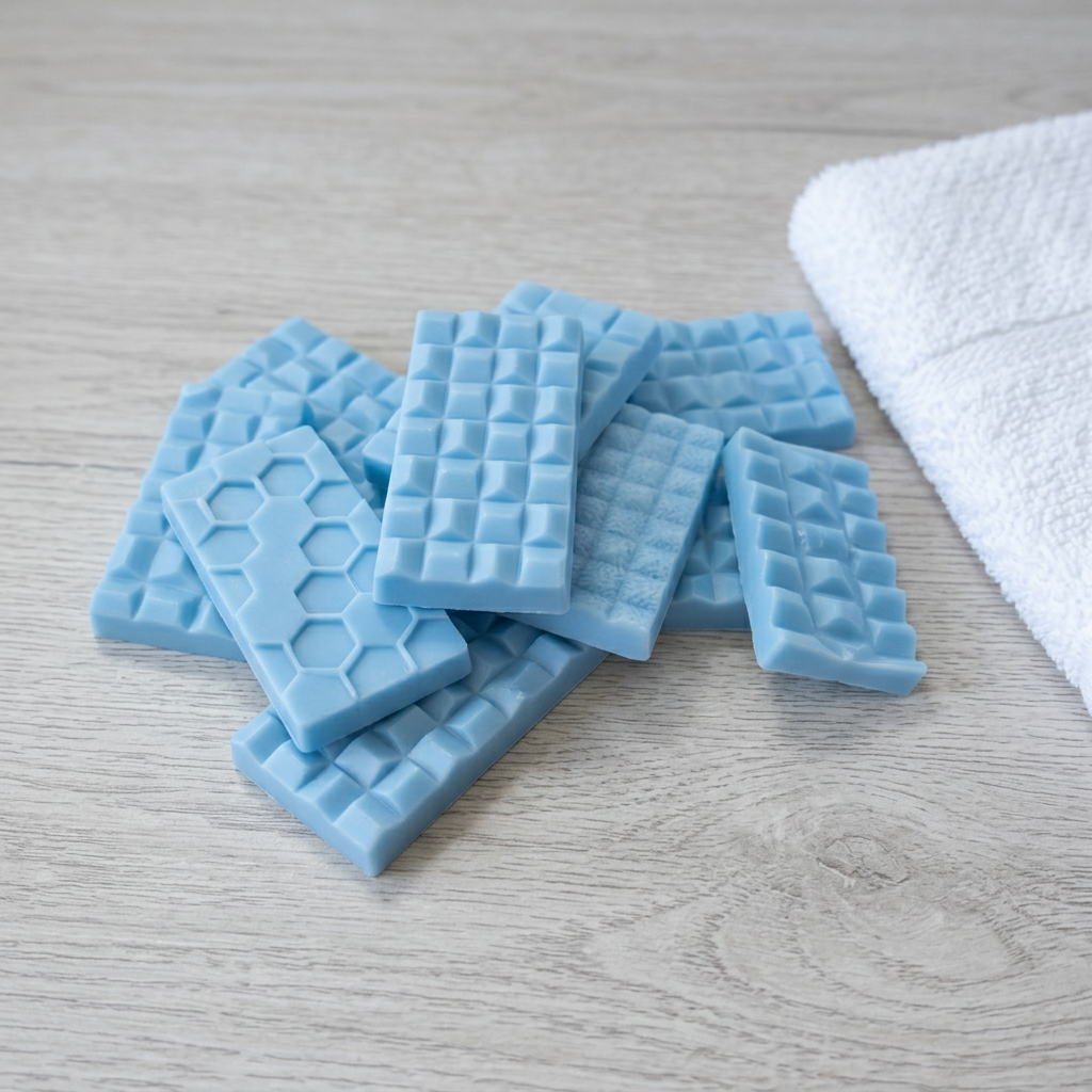 Luscious Laundry sky-blue wax bars with original mould patterns and white towels
