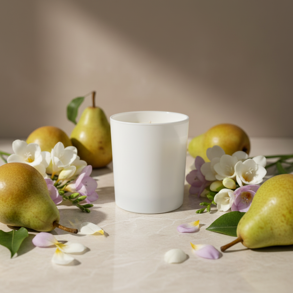 Sweet Pear & Freesia candle styled amongst ripe pears, freesia blooms and soft green leaves