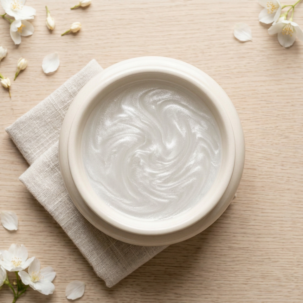 Round ivory burner with Dovely pearly-white swirly mica wax pool