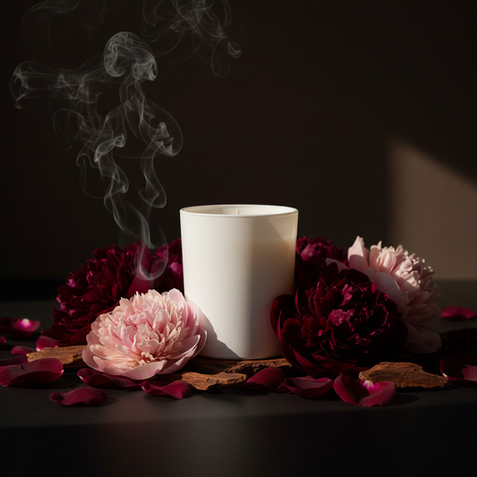 Velvet Peony & Oud candle styled amongst dark peonies, velvety petals and oud wood in rich moody tones