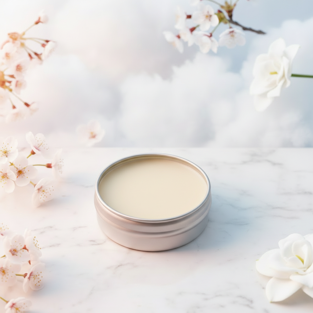 Angelic Solid Perfume open tin with ethereal white and blue background