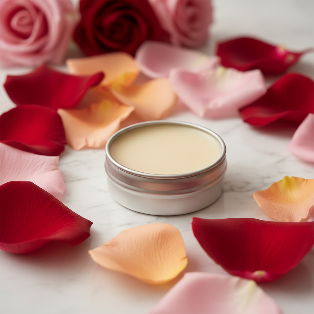 Jammin' Rose Solid Perfume open tin with romantic rose petal background