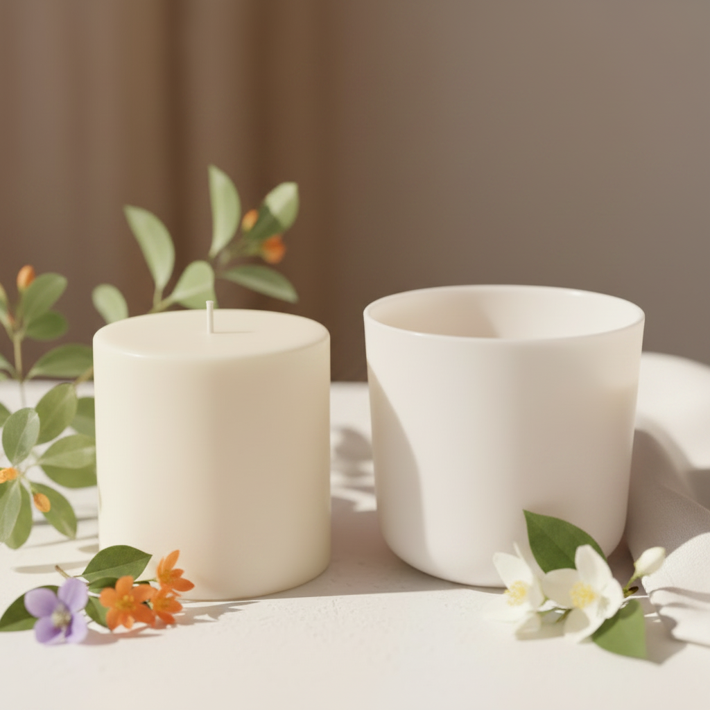 Fresh Linen candle refill wax cylinder beside empty candle jar, styled with violet, orange blossom, jasmine and soft white linen in clean airy tones