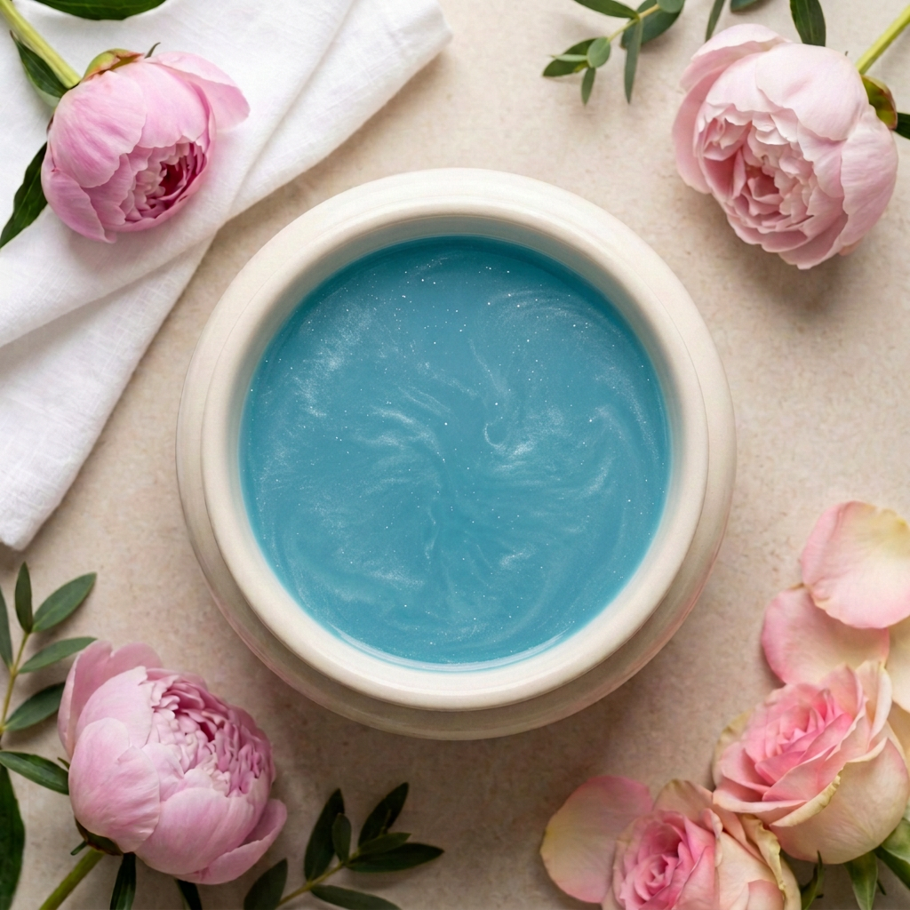 The Male turquoise-blue melted wax with subtle mica in a round ivory burner