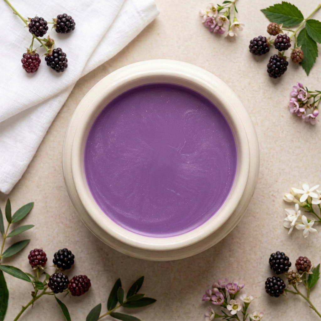 Dewberry purple melted wax with subtle mica in a round ivory burner