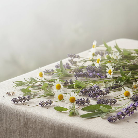 Lavender and chamomile wax melt scent - lavender sprigs, chamomile flowers and soft green herbs