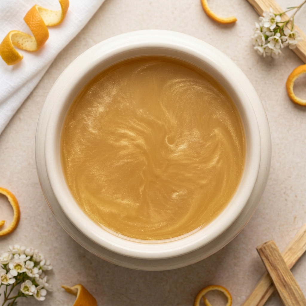 Miss Million gold melted wax with natural mica wisps in a round ivory burner