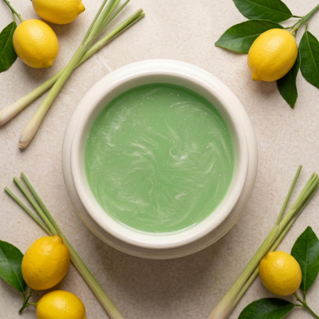 Av-a-Bath apple-green melted wax with pearlescent mica in a round ivory burner