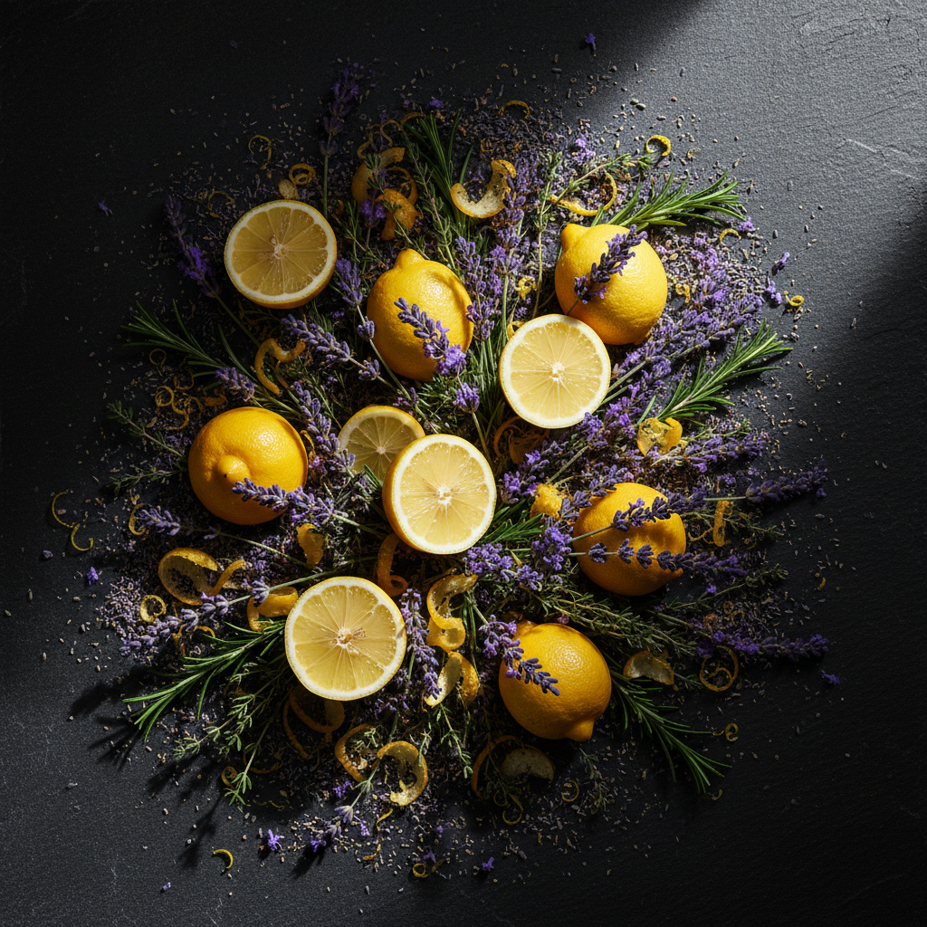 Lemon Lavender wax melt scent - lemons, lavender sprigs and green herbs