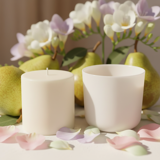 Sweet Pear & Freesia candle refill wax cylinder beside empty candle jar, styled with pears and freesia blooms