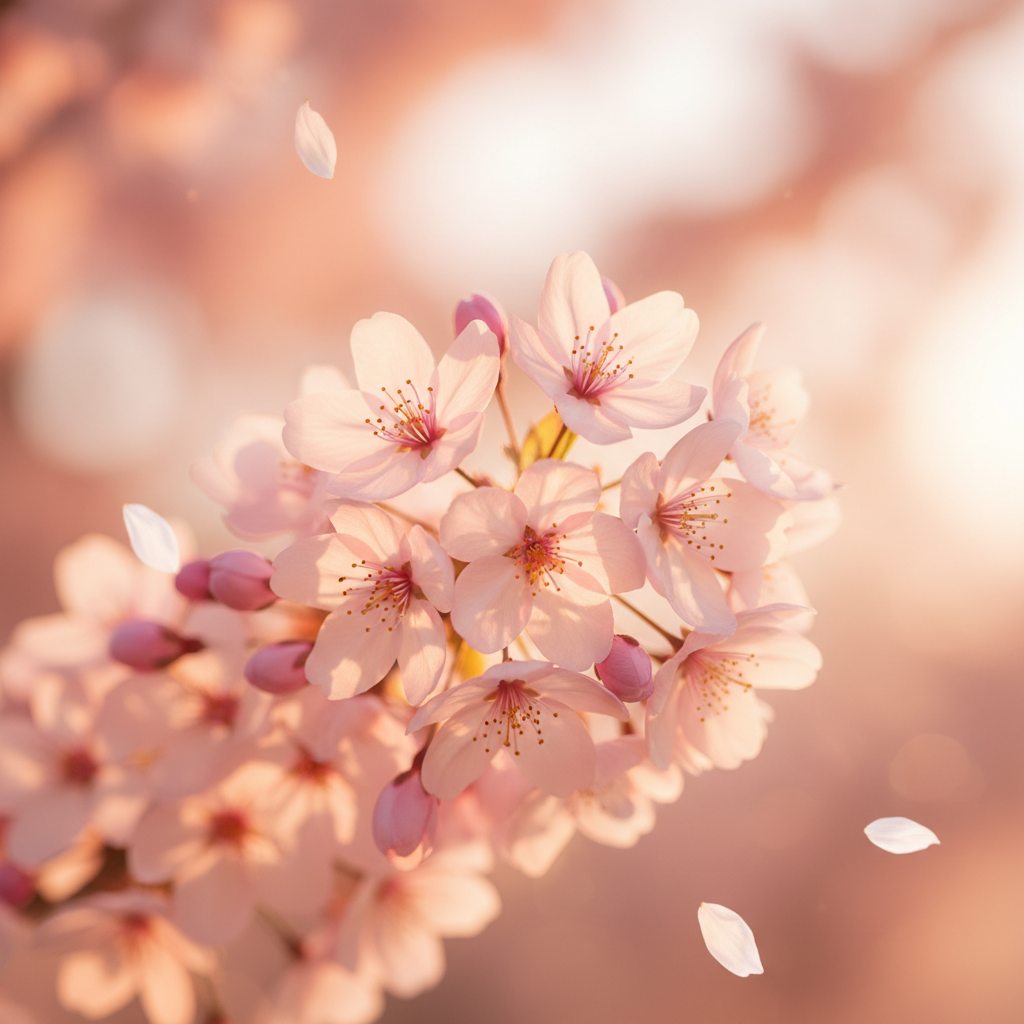 Soft blush blossom flowers in warm peachy golden evening light evoking the Sunset Blooms fragrance