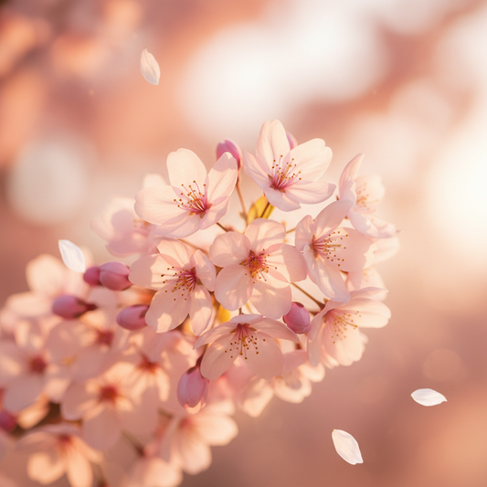 Soft blush blossom flowers in warm peachy golden evening light evoking the Sunset Blooms fragrance