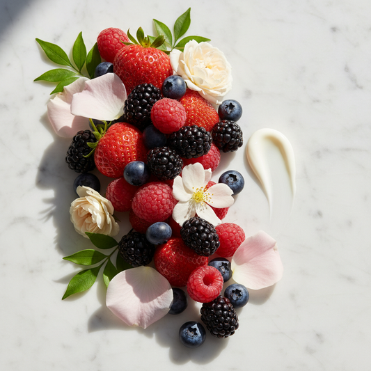 Berry Comforting Body Lotion scent notes - mixed berries, florals and a delicate lotion trace on marble