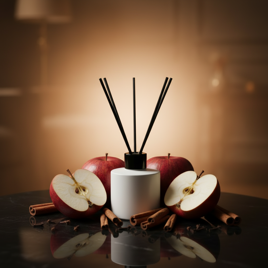 White reed diffuser with black reeds surrounded by fresh apples and cinnamon sticks in warm moody lighting