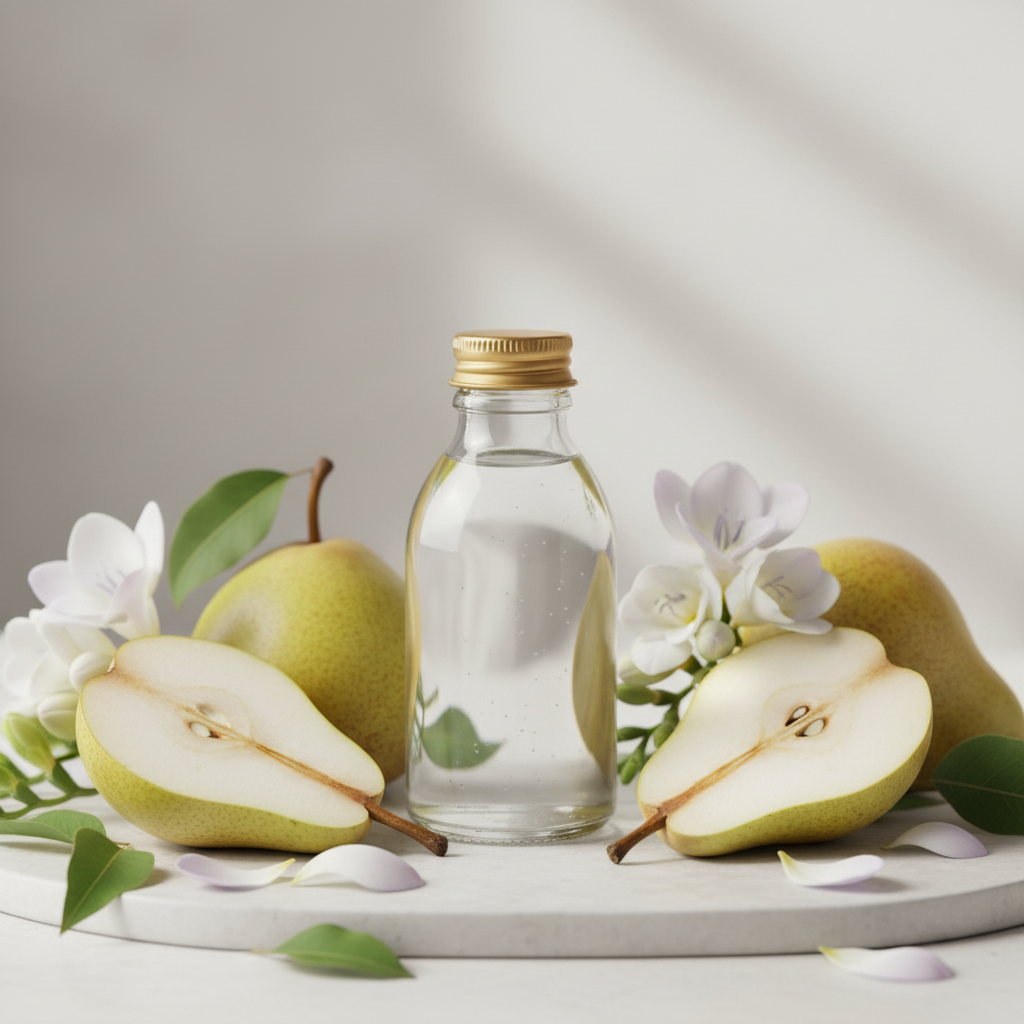 Sweet Pear & Freesia reed diffuser refill bottle styled amongst ripe pears, freesia blooms and soft green leaves