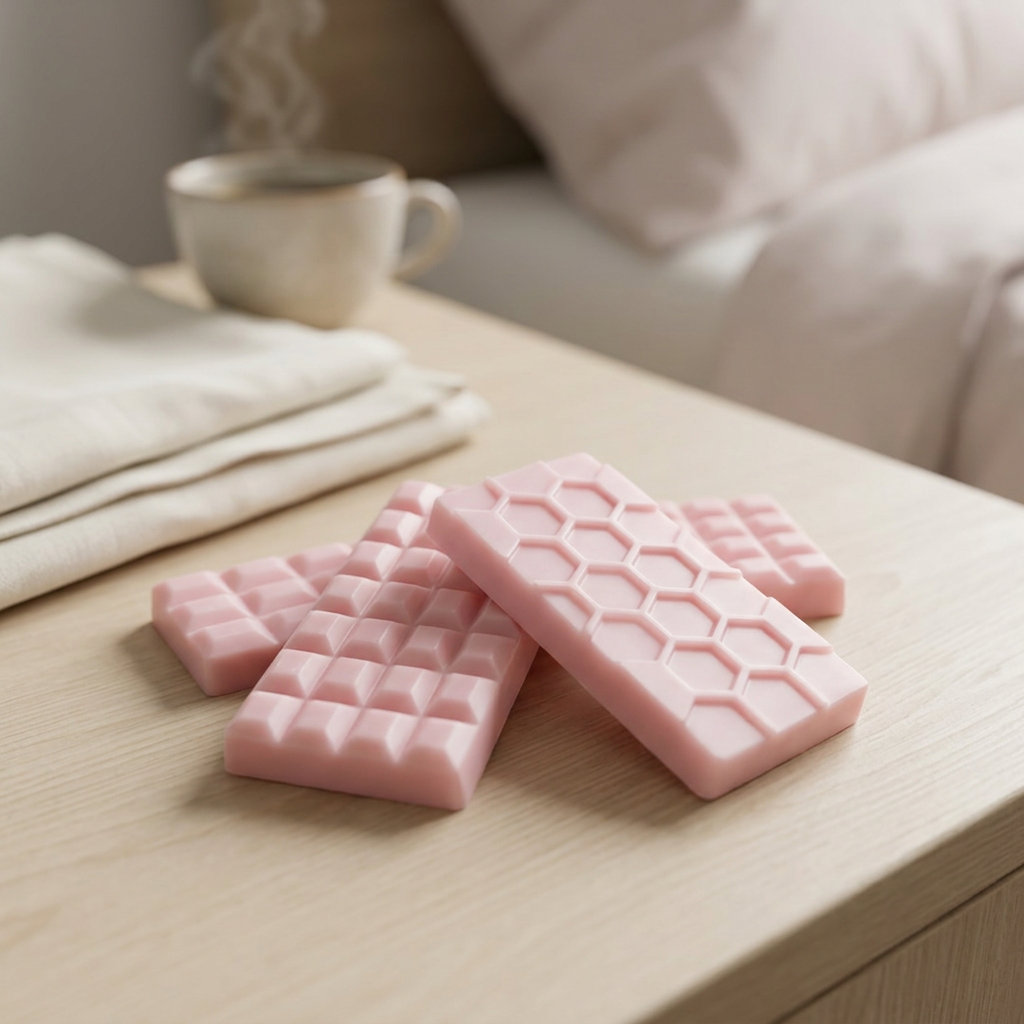 Duvet Day pastel-pink wax bars in a cosy ivory-linen setting