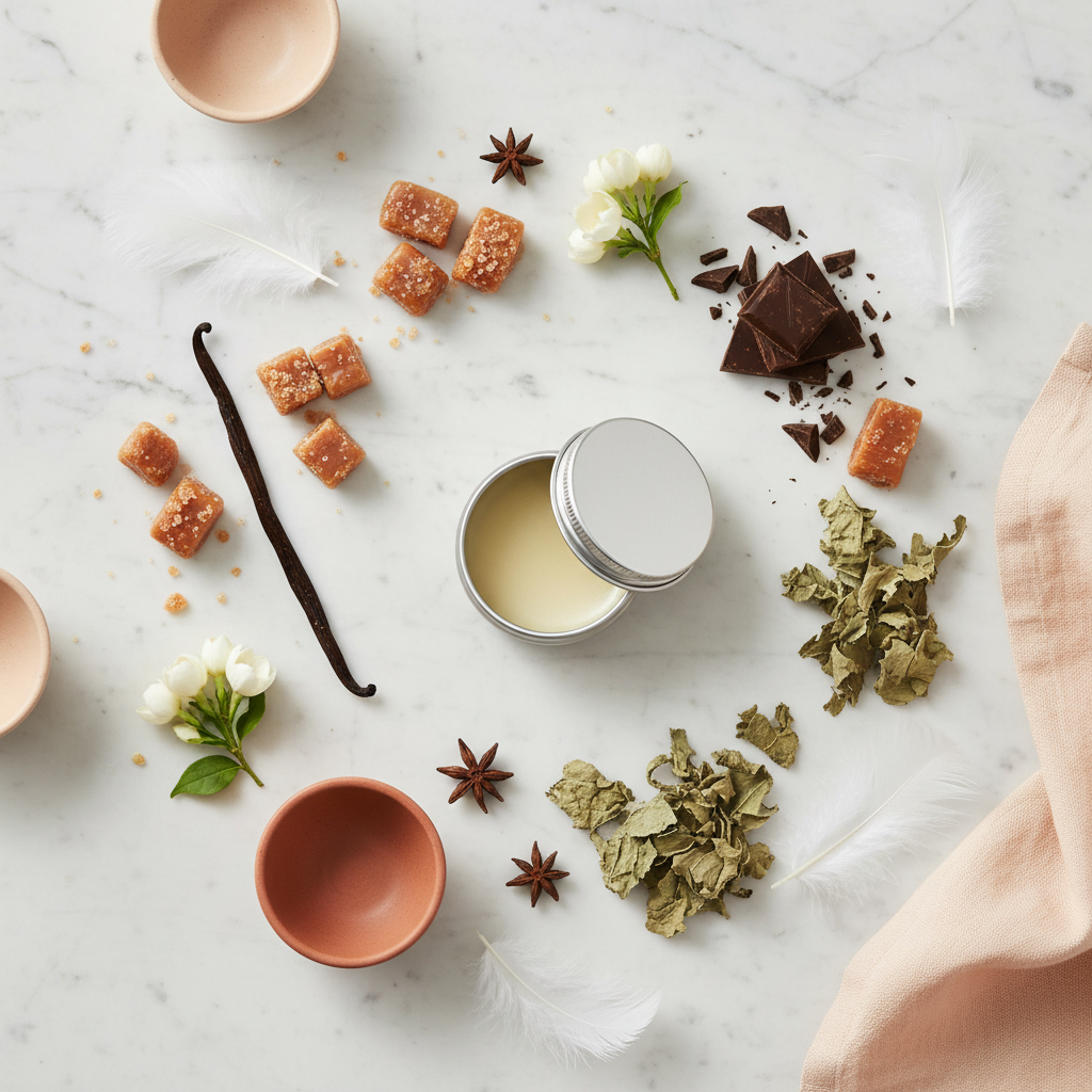 Angelic Solid Perfume scent notes flat lay - vanilla pod, praline, dark chocolate, patchouli and white flowers on marble