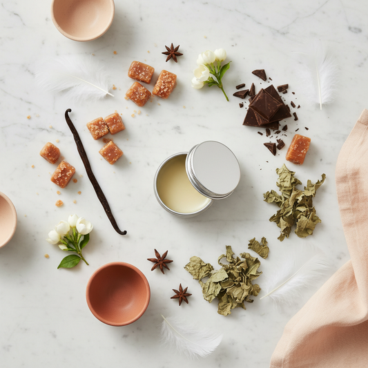 Angelic Solid Perfume scent notes flat lay - vanilla pod, praline, dark chocolate, patchouli and white flowers on marble