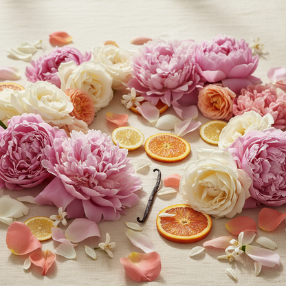 Peony & Rose wax melt scent - peonies, rose petals, orange blossom, citrus and vanilla