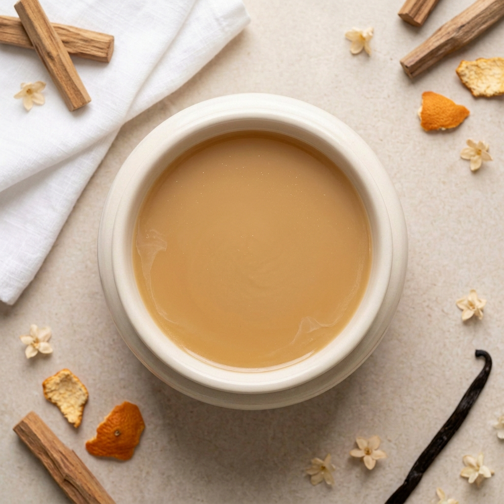 Golden Santal golden melted wax with subtle mica in a round ivory burner