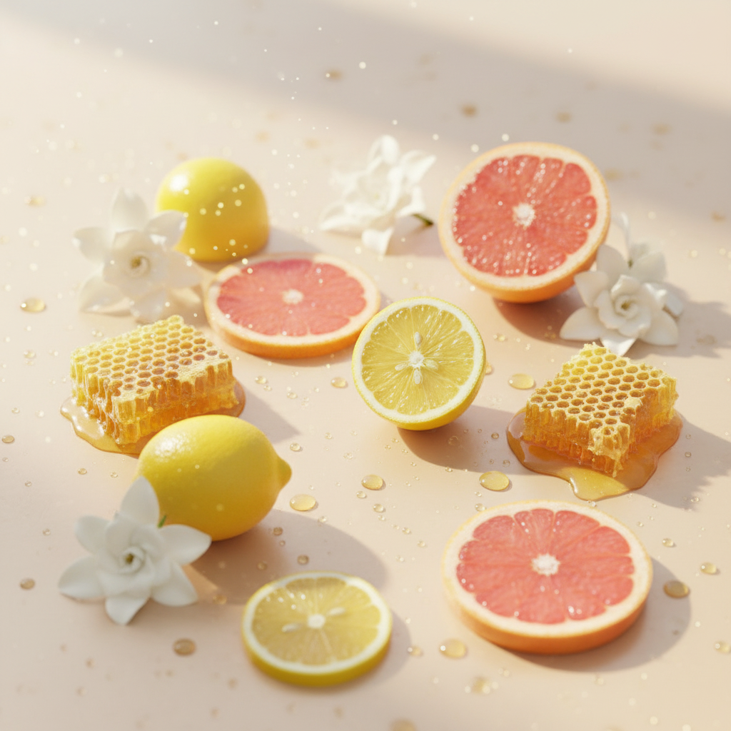 Fresh citrus, white florals and golden honeycomb on a champagne surface evoking the Miss Million fragrance